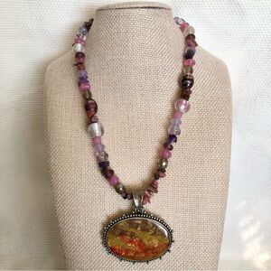 Chico's Statement Necklace Glass Stone multicolor beads Pendant boho vintage